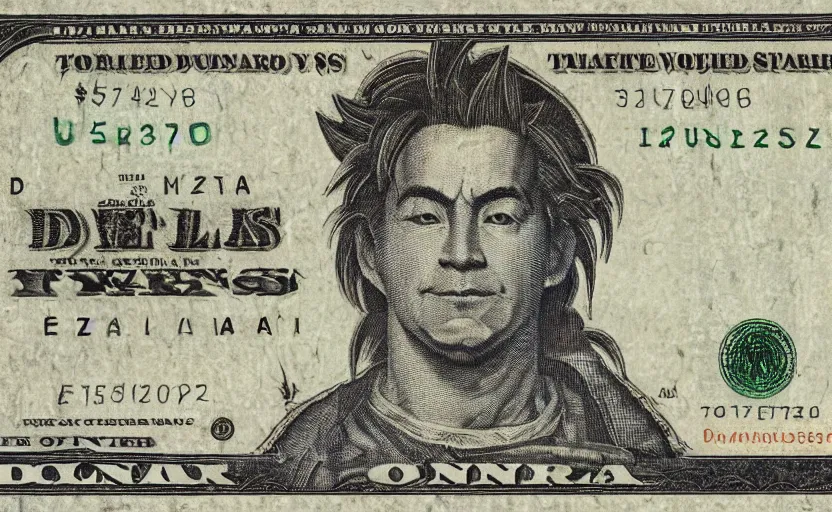 Image similar to rectangular photograph of seven dollar u. s. currency note featuring spiky - haired saiyan goku from dbz dragonball z