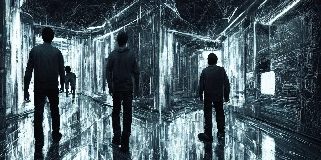 Image similar to realistic macro photograph of a father and son wearing occulus rift headsets walking through dark neon rooms, ultra realistic, by cedric peyravernay, intricate detail, digital painting, minimal art style, mirrors edge art style, volumetric lighting effect, artstation, 3 5 mm film grain