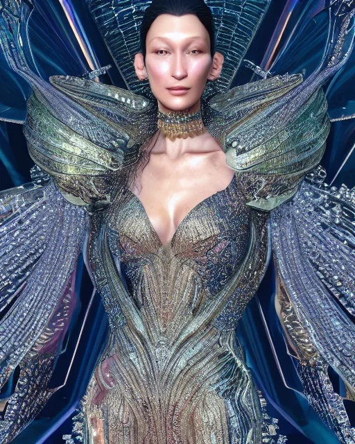 Image similar to a highly detailed metahuman 8 k close up render of bella hadid renaissance in iris van herpen dress schiaparelli in diamonds crystals swarovski and jewelry iridescent in style of alphonse mucha gustav klimt trending on artstation made in unreal engine 4