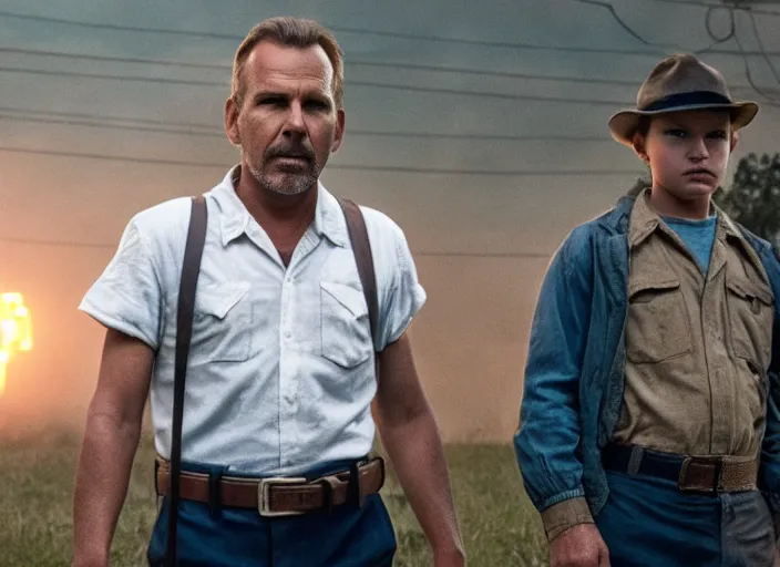 Image similar to film still of!!!!! kevin costner!!!!! as jim hopper in stranger things, 4 k