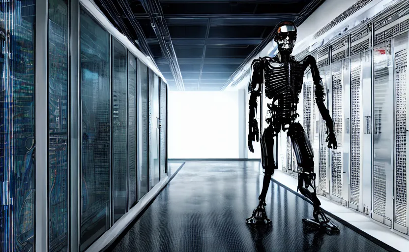 Image similar to terminator without flesh, staying in front of data center room. extreme long shot, high detail, cinematic colors