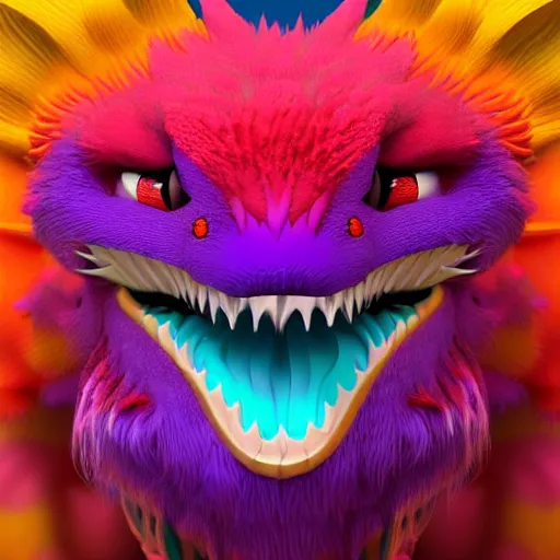 Image similar to colorful fluffy dragon face high detailed fur 3 d render 4 k