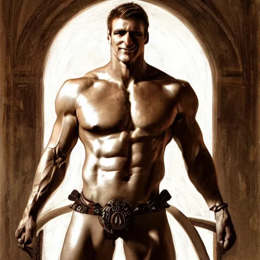 Prompt: handsome portrait of a spartan guy bodybuilder posing, radiant light, caustics, war hero, hibiscus, by gaston bussiere, bayard wu, greg rutkowski, giger, maxim verehin