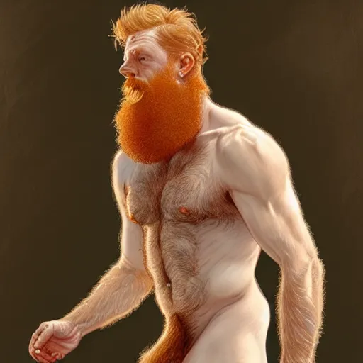 Image similar to beautiful natural middle aged bearded and very hairy male ginger god wearing only a white perizoma loincloth, intricate, elegant, highly detailed, digital painting, artstation, concept art, smooth art, sharp focus, illustration, art by artgerm and greg rutkowski and alphonse mucha and loish and WLOP