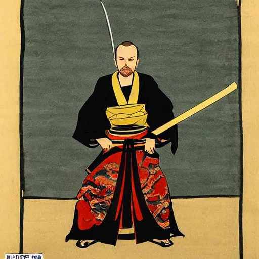 Image similar to jesse pinkman from breaking bad wearing samurai armor and holding a katana in feudal japan, ink block painting, edo period