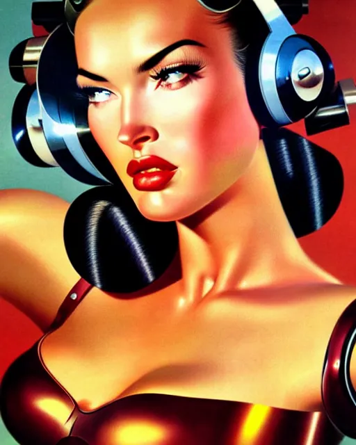 Prompt: closeup beautiful retro space megan fox varga girl wearing headphones and sunglassess, posing with a chrome robot in diesel punk city, windblown dark hair, seductive, hyper detailed, digital art, studio lighting, smooth, sharp focus, gil elvgren, anna dittmann alberto vargas, 1 9 5 0, when mars attacks