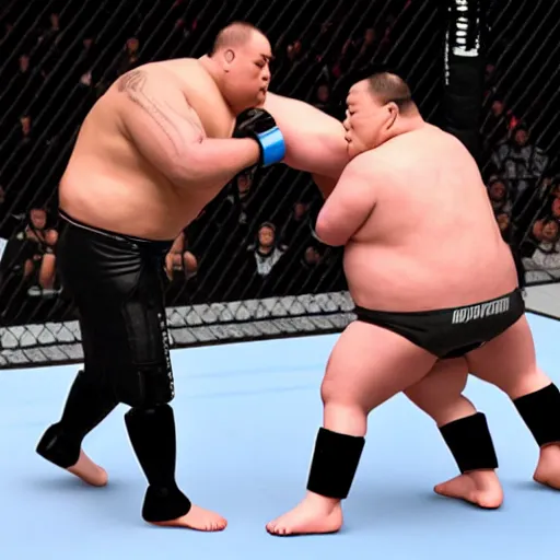 Prompt: robocop getting beat up by sumo wrestler in the ufc octagon