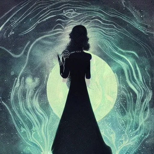 Prompt: A experimental art. A rip in spacetime. Did this device in his hand open a portal to another dimension or reality?! dark black by Anna Dittmann, by Edmund Dulac haunting