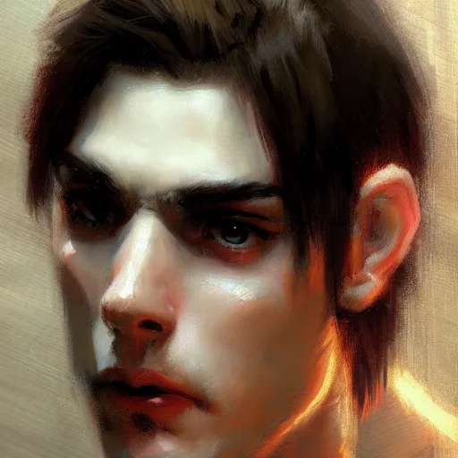 Image similar to A handsome, cute emo guy, close-up portrait by Gaston Bussiere, Craig Mullins, trending on artstation, artstationHD, artstationHQ, artstation digital artwork