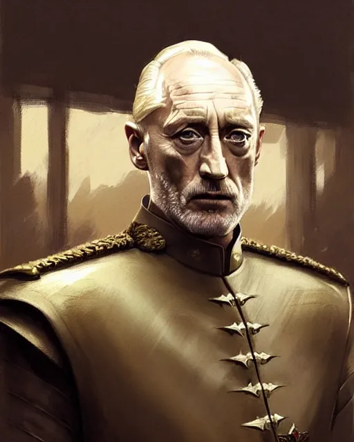 Image similar to tywin lannister discusses war strategy with his military advisors, council chambers, game of thrones | | realistic shaded, fine details, realistic shaded lighting painting by greg rutkowski, diego gisbert llorens, magali villeneuve, artgerm, jeremy lipkin, michael garmash, rob rey