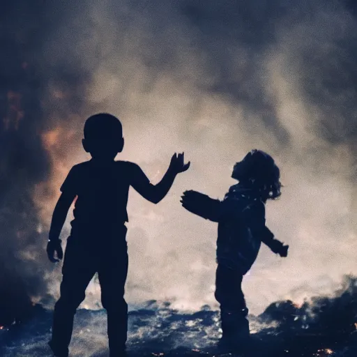 Image similar to a dragon saving a child from a fire, dramatic photography, silhouette, bokeh