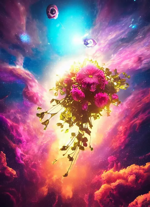 Prompt: An epic fantastic realism comic book style painting of the most beautiful flowers launched into space, bouquets, glorious nebula, nearby star, flowers blooming, fisheye lens, unreal 5, DAZ, hyperrealistic, octane render, dynamic lighting