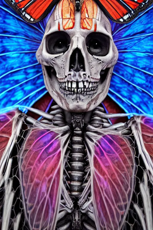 Image similar to a portrait of a skelton with moth wings, highly detailed, digital photo, hdri, by christopher bretz and john carpenter, vivid colors, high contrast, 8 k resolution, intricate, photorealistic, smooth, psychedelic color scheme, concept art, award winning, cg society contest winner