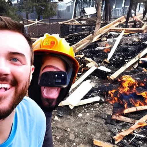 Image similar to a selfie of a guy smiling while fire consumes everything around him