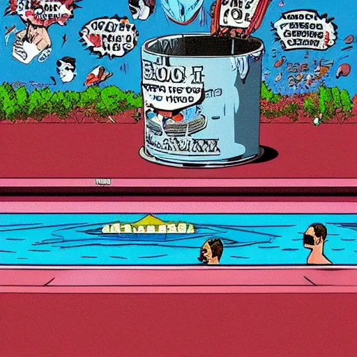 Image similar to big pool sunk in the ground like a damn garbage can, in the style of ron english, in the secondary style of matt bors, by david wojnarowicz, shock art, poster art, 8 k concept art, trending on behance