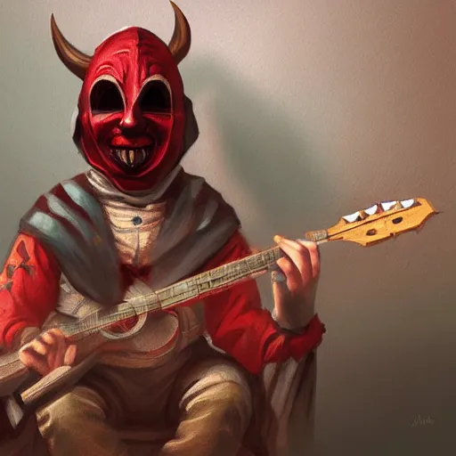 Image similar to a person with a mask playing a guitar, young handsome pale roma, grim dark jester from gwent cards, an ultrafine detailed painting by aleksander orłowski, artstation contest winner, sots art, concept art, da vinci, sketchfab