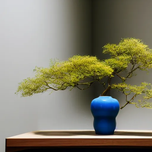 Image similar to a photo of 8k Ikebana in flower vase, ikenobo, ohararyu, sougetsu, wide angle, sony a7r3, ultra detail, photorealistic, in simple background