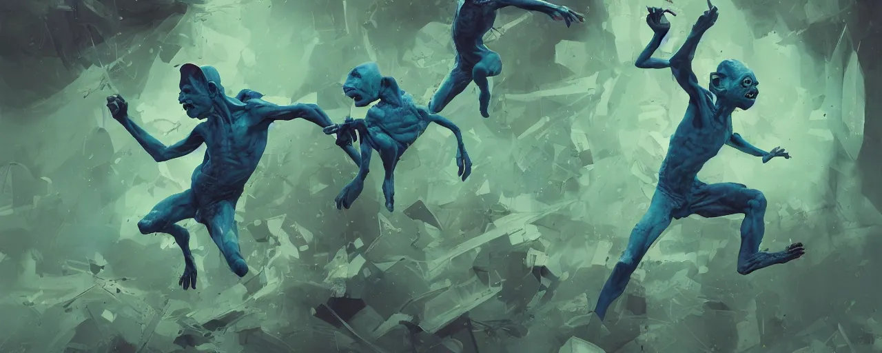 Image similar to duotone green blue illustration 3 / 4 portrait of gollum dancing like crazy. dynamic chaotic composition accidental renaissance golden ratio. by sachin teng and sergey kolesov and ruan jia and heng z. graffiti art, scifi, fantasy, hyper detailed. octane render. concept art. trending on artstation