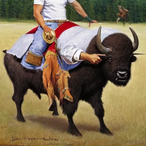 Prompt: Joe Biden riding a buffalo, painting by Jon McNaughton