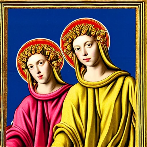 Image similar to gemini twins taking a selfie in greek ancient society hyperrealism, 8 k cinematic in jan van eyck screen print style