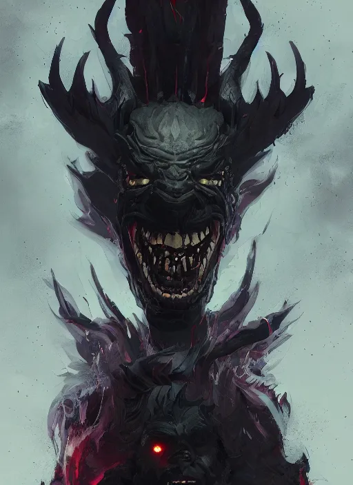 Image similar to dark demonic Joe Biden grinning emperor of the world, high contrast with devil horns, cosmic horror, abstract, masterpiece, trending on ArtStation, by Greg Rutkovski and by Craig Mullins and by David Cronenberg and by Ismail Inceoglu