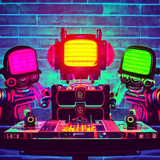Prompt: album art, text roborock, 3 dieselpunk robot heads with robot arms on a dj desk with a cd mixer, 8 k, fluorescent colors, halluzinogenic, multicolored, exaggerated detailed, front shot, 3 d render, octane