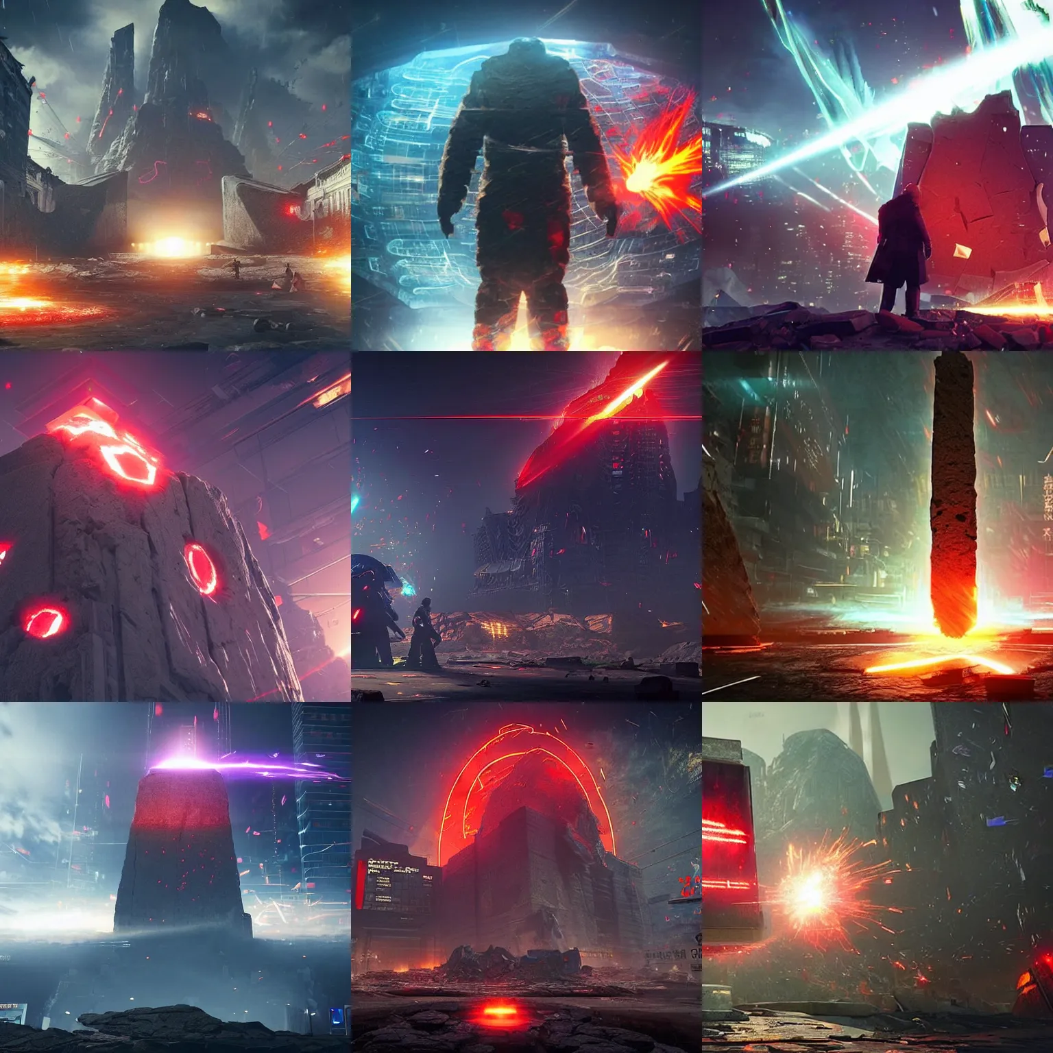 Prompt: a huge towering and broken stone tablet with red light + alien pattern, stands in the center of a prosperous city at the end of the world, and the power and energy is explode, secret, mysterious, doomsday, landscape, video game control, quantum break, arknights