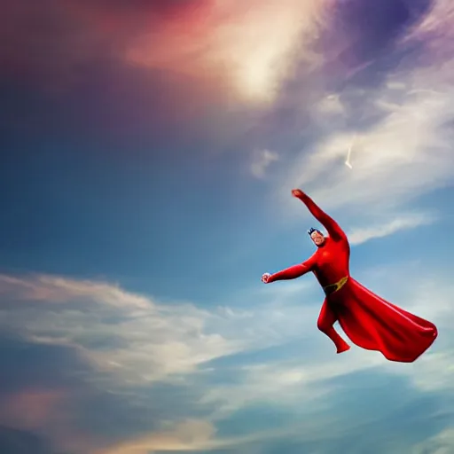 Prompt: cat with a red cape flying through the sky in a superman pose