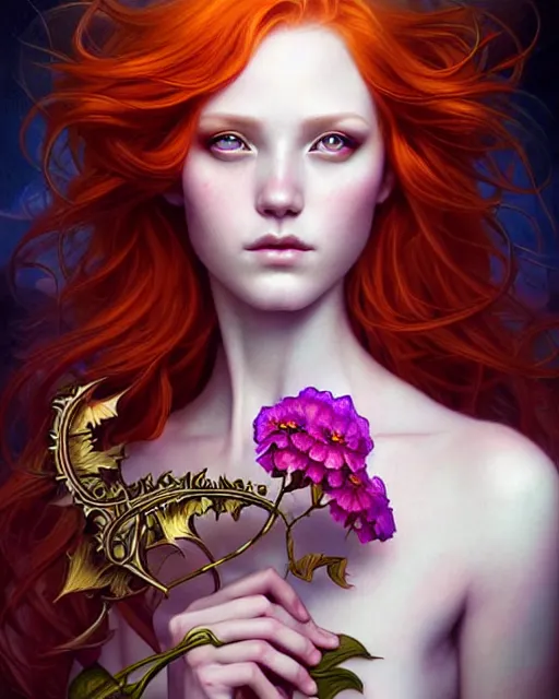 Prompt: Beautiful, evil and playful ethereal ginger portrait, art nouveau, fantasy, intricate flower designs, elegant, highly detailed, sharp focus, art by Artgerm and Alex Ross Tran and WLOP