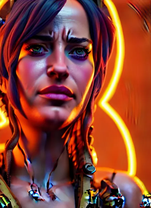 Image similar to glowwave portrait of dakota johnson from borderlands 3, au naturel, hyper detailed, digital art, trending in artstation, cinematic lighting, studio quality, smooth render, unreal engine 5 rendered, octane rendered, art style by klimt and nixeu and ian sprigger and wlop and krenz cushart.