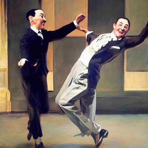 Image similar to Gene Kelly dancing with Pee Wee Herman, by Sir James Guthrie, hyperrealism