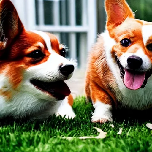Prompt: a film still of a horror movie featuring two corgi dogs, evil, close - up shots, spooky, photography, award - winning, eerie, 4 k