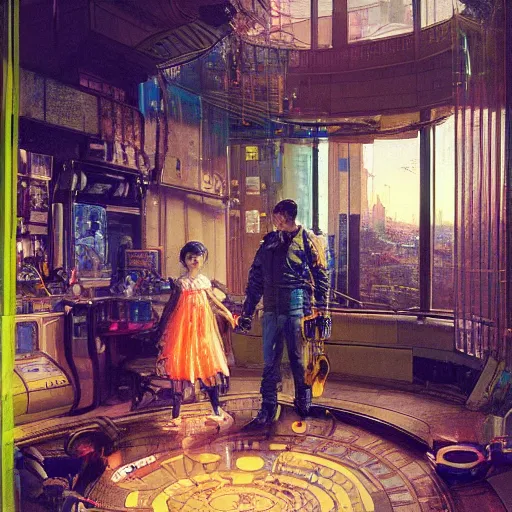 Image similar to (Night City Cyberpunk 2077) Frenetic domesticity, with a parent and child in the center, surrounded by futuristic items of convenience. The colors are muted-neon and calming, serine complacency. By Ellen Jewett, by Lawrence Alma-Tadema, realistic