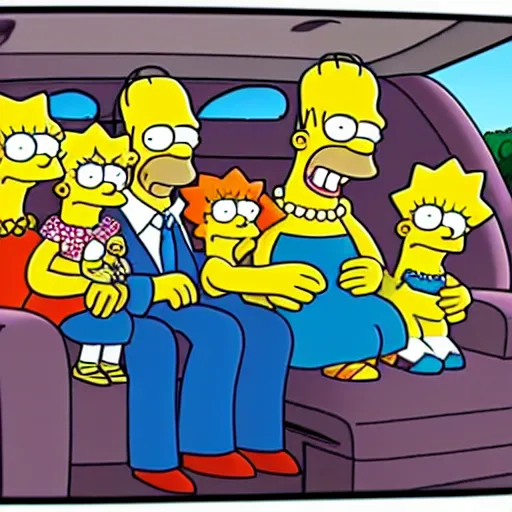 Image similar to the simpsons family riding a limo famous hollywood