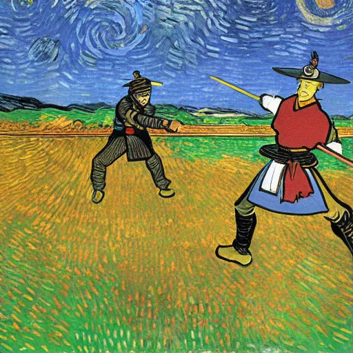 Image similar to samurai fights robots by van gogh