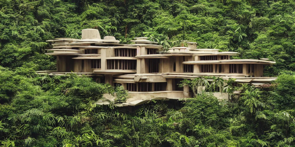 Image similar to cinematic still of hyper detailed highway realistic afro futurist house in a jungle by frank lloyd wright architect, helicopters, wide angle, insanely detailed and intricate, summer colors