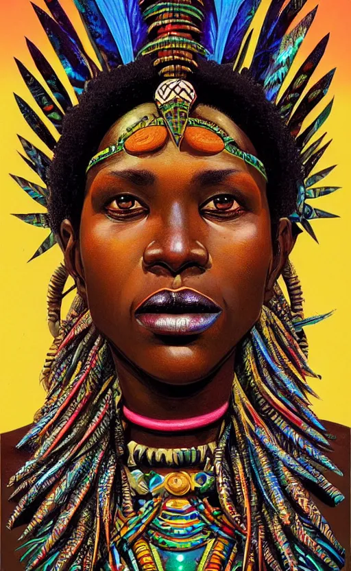 Prompt: upper half portrait of retro futuristic african tribal chief - embellished with vegetation and iridescent crystals, art by greg hildebrandt, highly detailed, digital painting, concept art, illustration, smooth sharp focus, intricate, symmetry, artstation, colourful,