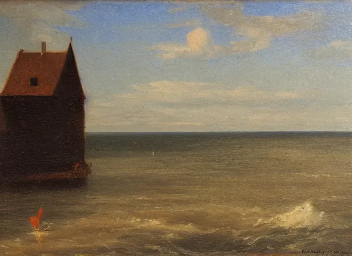 Image similar to waddenzee, the netherlands as the background in the style of hudson river school of art, oil on canvas