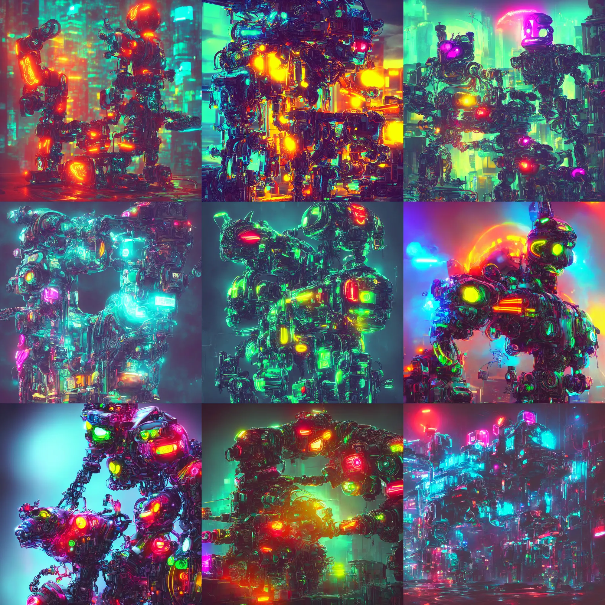 Prompt: mechanical cyberpunk robot cat, neon, colorful, 4 k, high details