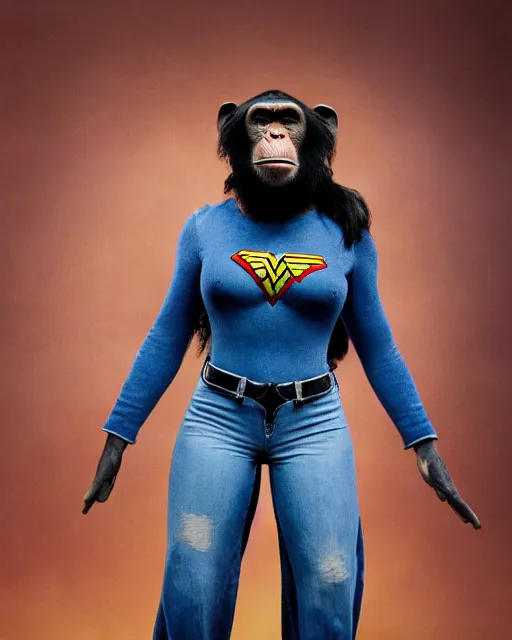 Prompt: a Chimpanzee, dressed as Wonder Woman, is wearing tight fit Blue Jean pants, photographed in the style of Annie Leibovitz, photorealistic