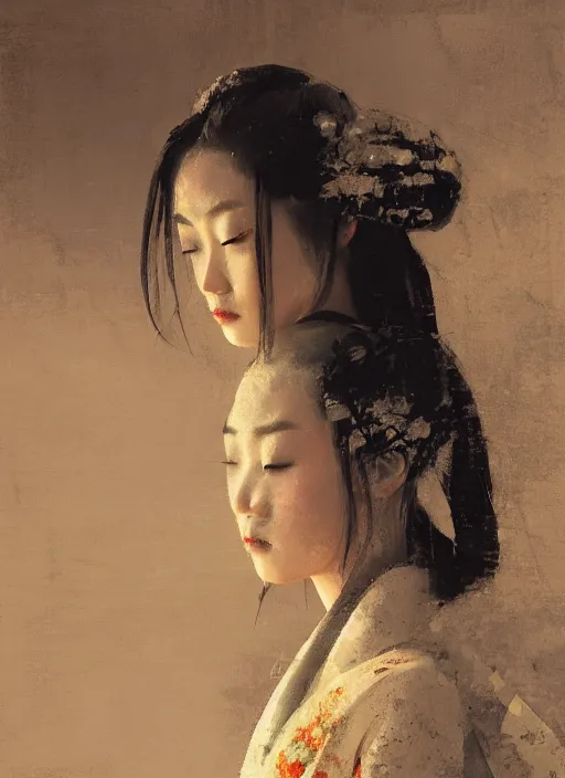 Prompt: female geisha girl, beautiful face, rule of thirds, intricate outfit, spotlight, by greg rutkowski, by jeremy mann