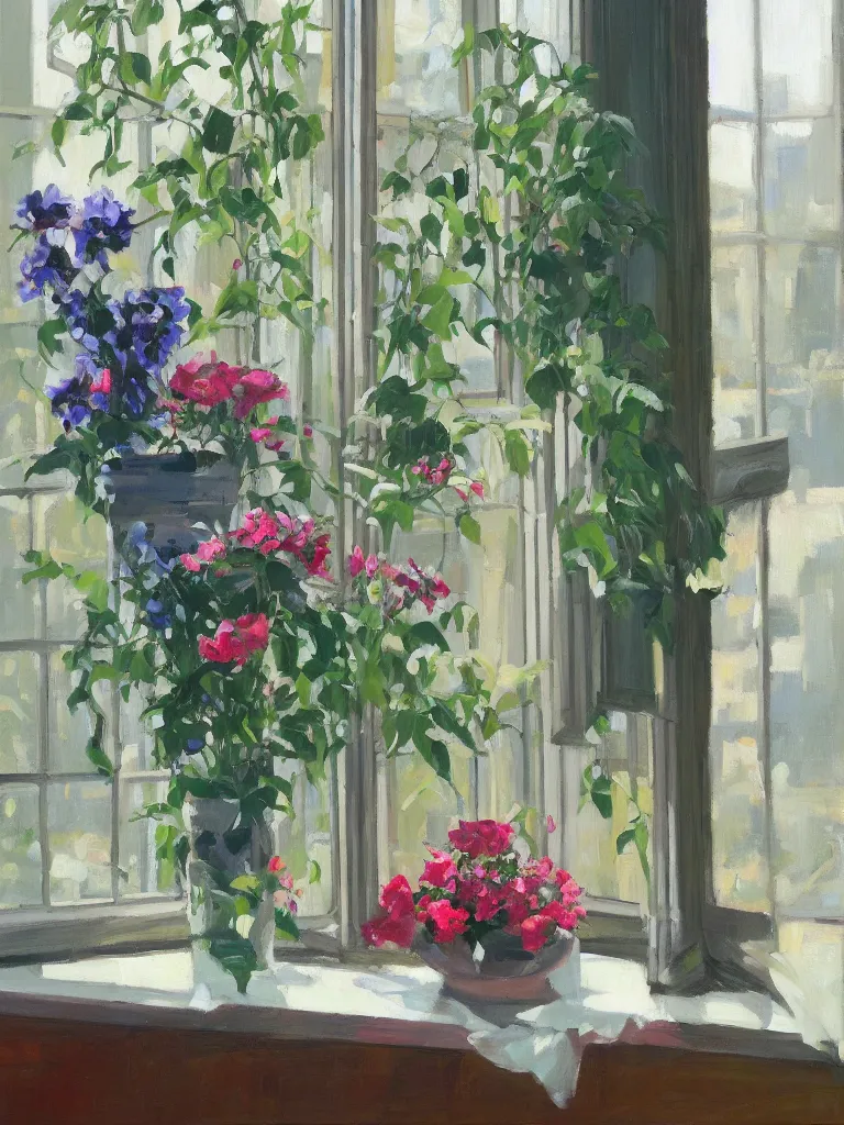 Image similar to gorgeous flowers by Ben aronson, oil on canvas, morning, window with art nouveau curtains