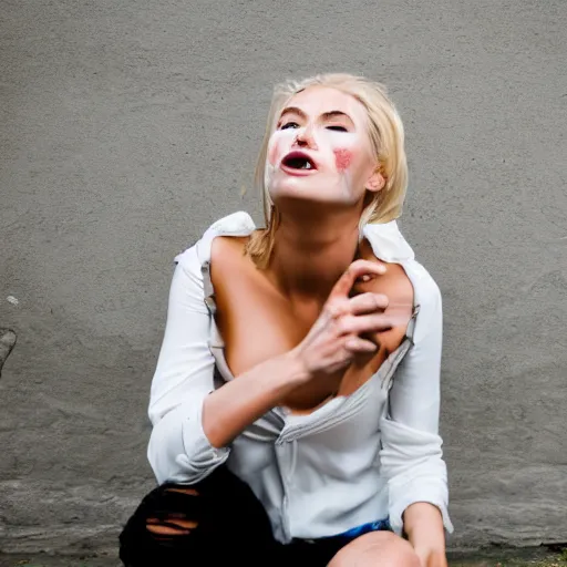 Image similar to close up photo of a fully clothed blonde model on her knees with yoghurt dripping from her face in an alley