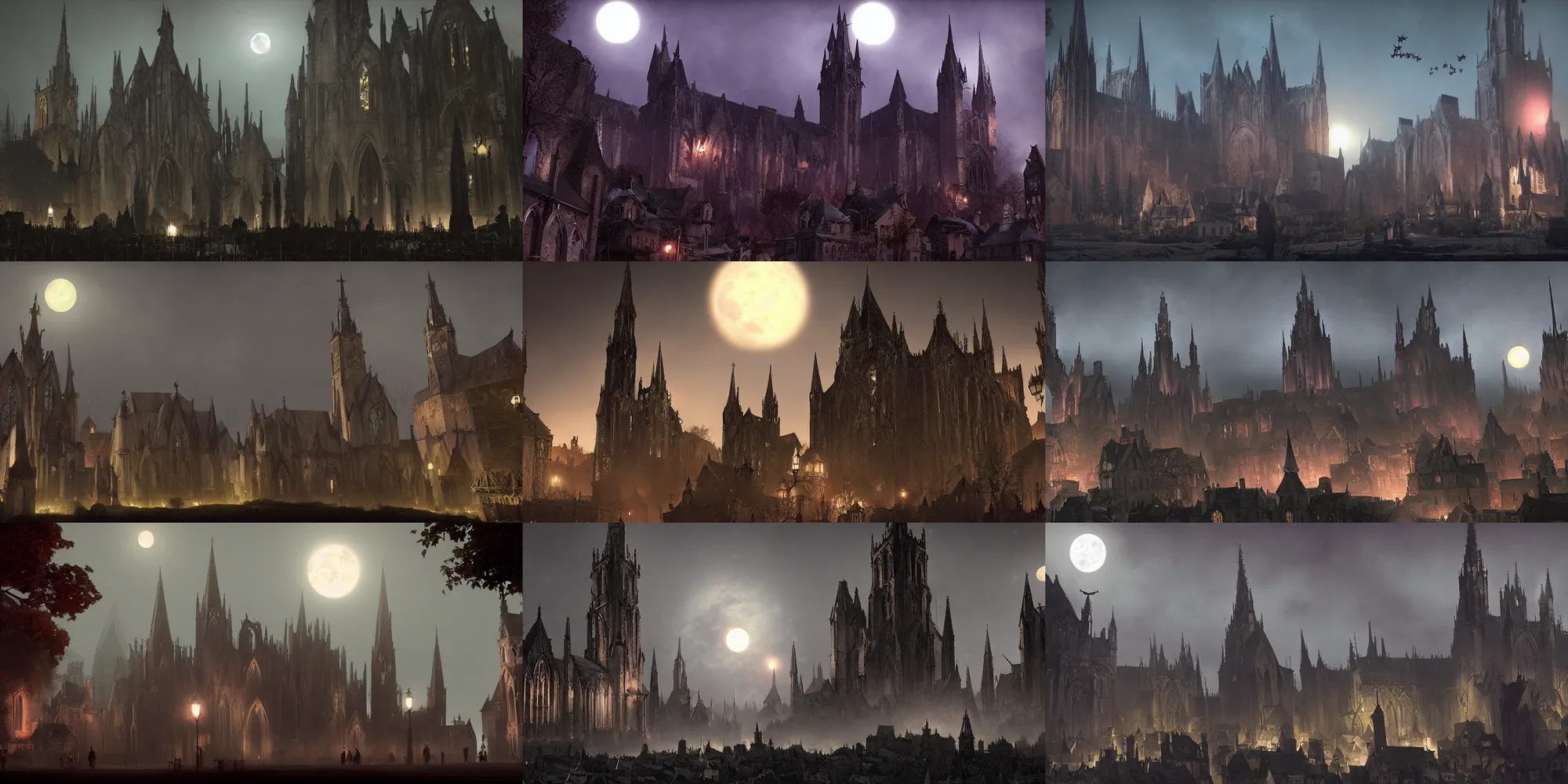 Prompt: vampires flying in the night over a gothic village with a goth church in the background, foggy, from the animated film by Sony Imageworks, Craig Mullins, Robh Ruppel, Yun Ling, Vaughan Ling, Neil Ross, Peter Chan, dramatic lighting, full moon