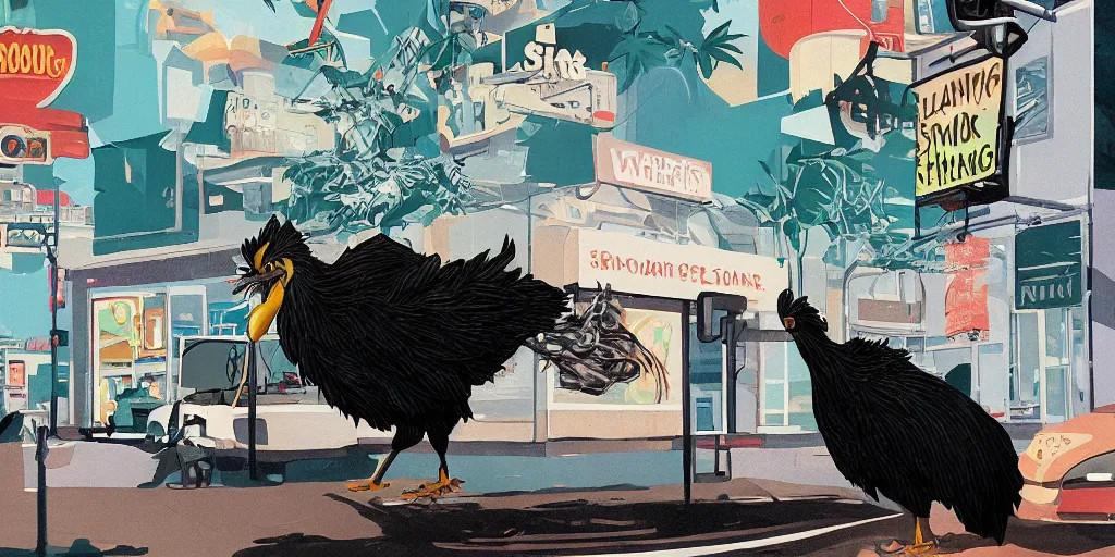 Image similar to 'black chicken!!!' smoking 'cannabis'!!!!!! in front of multi monitors broadcasting studio, artwork by James Gilleard