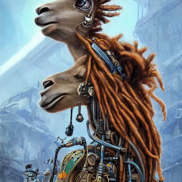 Image similar to llama with dreadlocks, industrial scifi, by mandy jurgens, ernst haeckel, anton fadeev, james jean