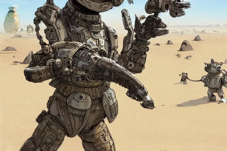 Image similar to anthropomorphic rodent with white and black ancestral ornate japanese tactical gear on an abandonment desert planet, high intricate details, long shot, rule of thirds, golden ratio, graphic novel by fiona staples and dustin nguyen, by beaststars and orange, peter elson, alan bean, studio ghibli, makoto shinkai