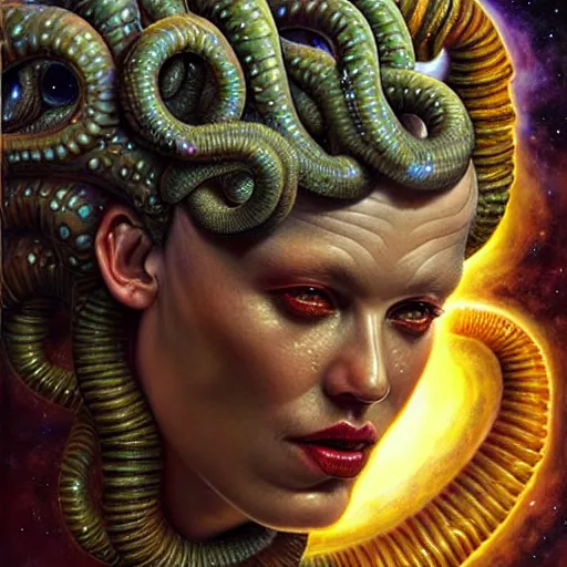 Prompt: uhd photorealistic cosmic lovecraftian gorgon in space. amazing detail, correct face, symmetrical face, by karol bak and zawadzki, hyperdetailed. intricate details with studio lighting.