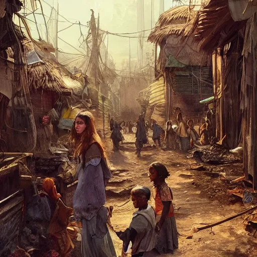 Image similar to slum neighborhood in lord of the ring world, fantasy, on artgerm, ilya yefimovich repin style, hyperrealistic content, high definition content, intricate, delete duplicate content, justify content center, ultra detailed content, 5 dark tone colors