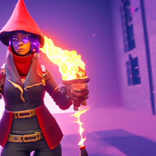 Prompt: a curly haired female pyromancer wearing a red wizard hat as a fortnite character, screenshot from fortnite, 3 d unreal engine render